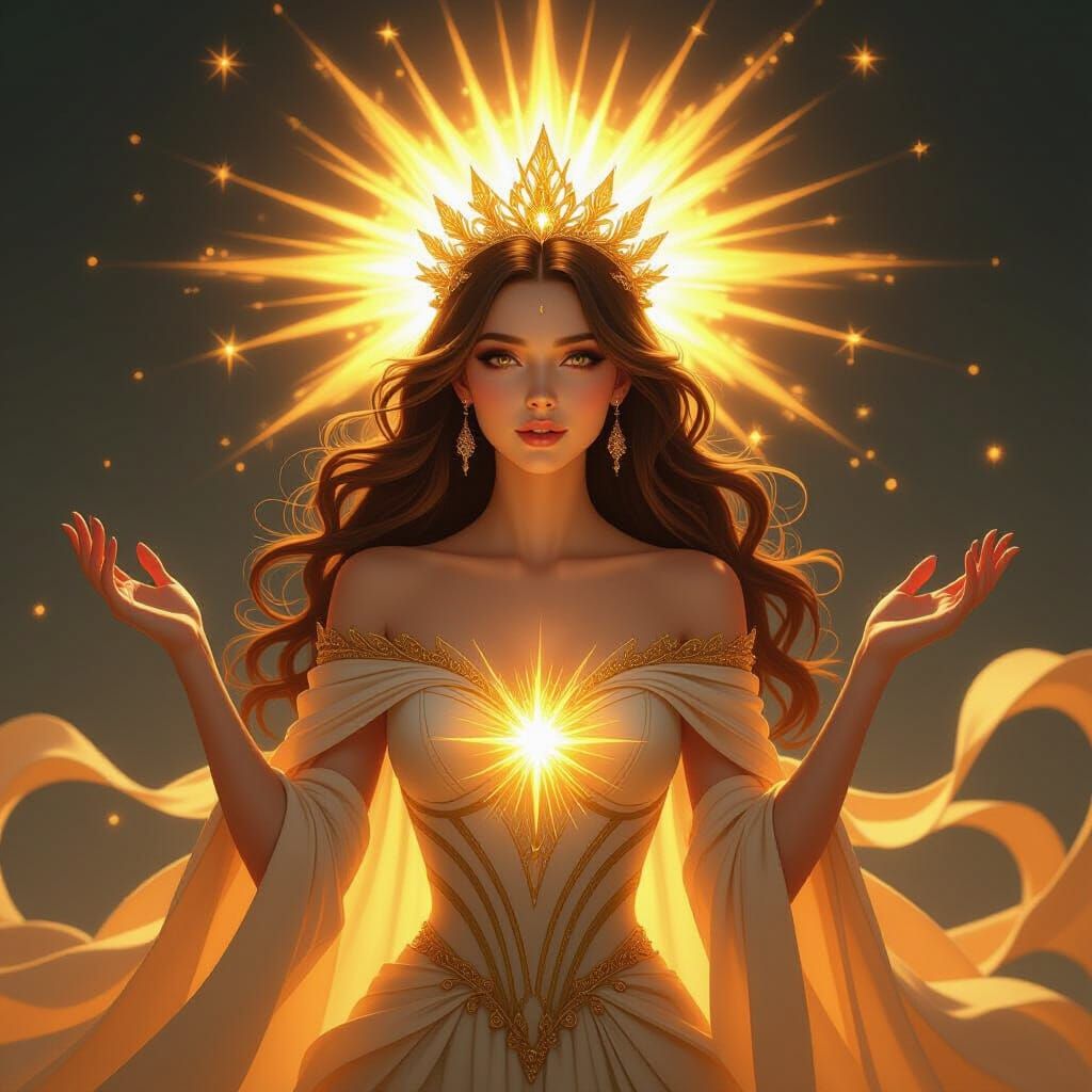 Radiant Sun Queen Emitting Golden Light in Fantasy Art Style