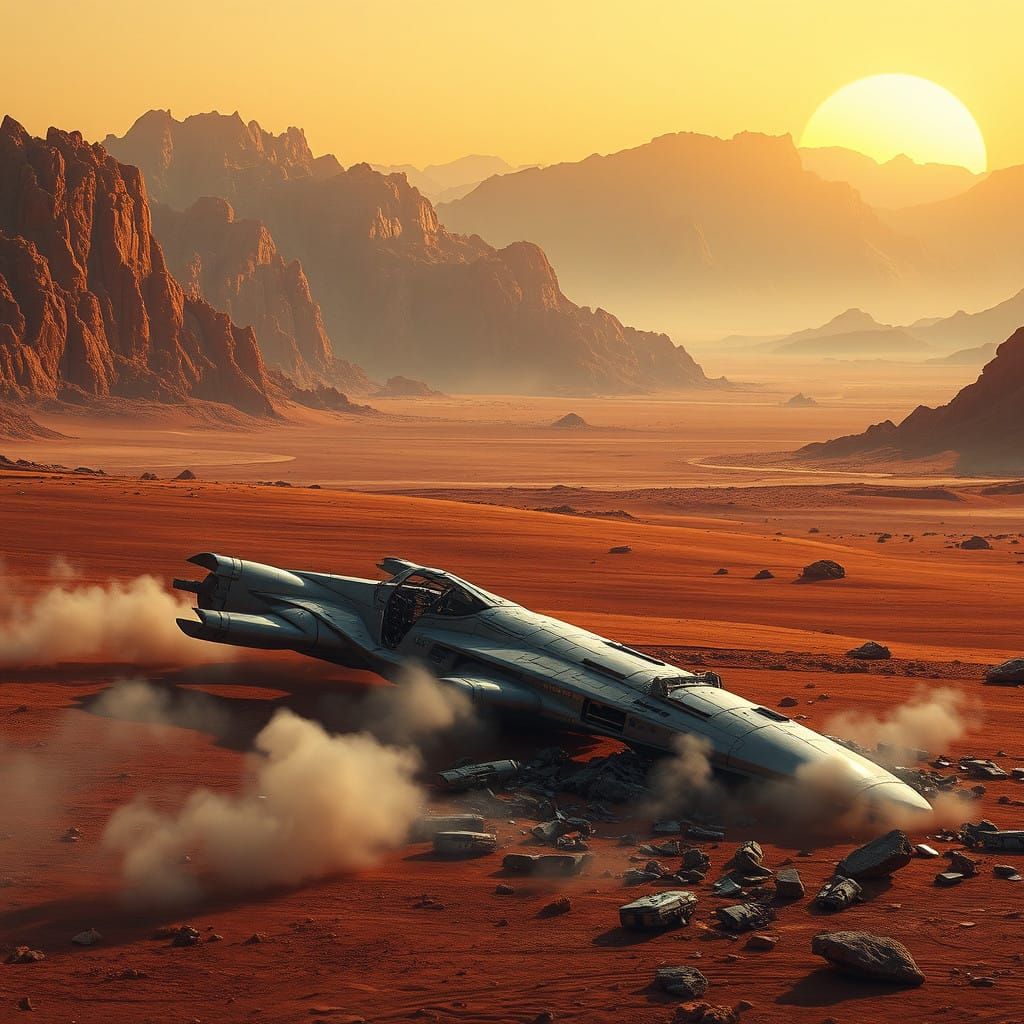 Desert Planet Spaceship Crash in Cinematic Sci-Fi Style