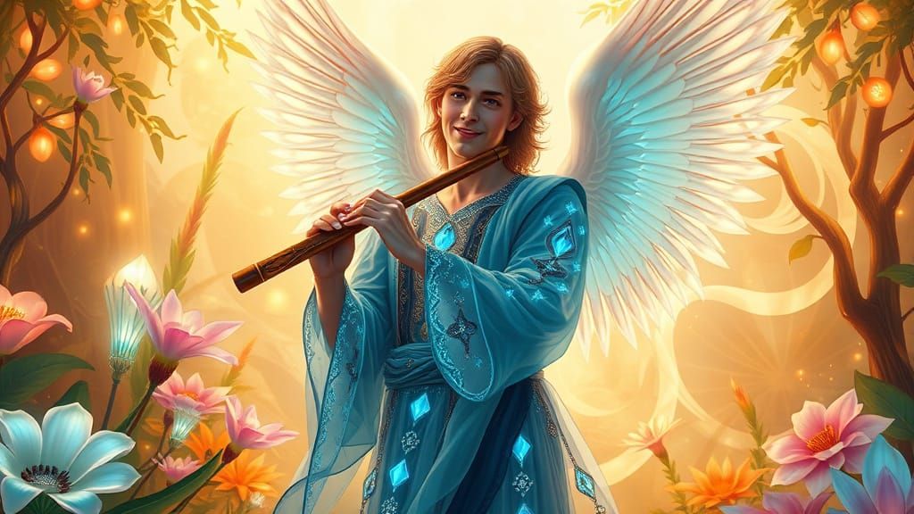 Ethereal Archangel Plays Flute Amidst Lush Garden