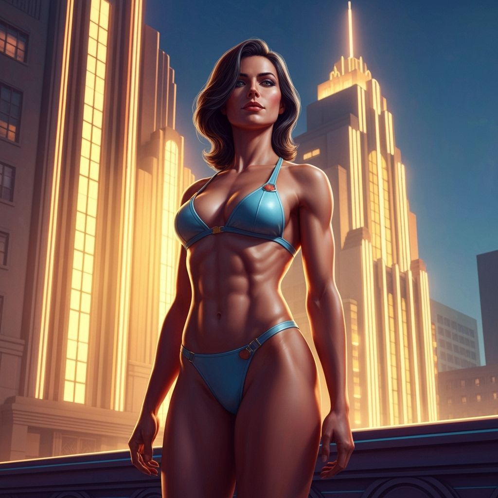 Athletic Woman in Futuristic Bikini Amidst Art Deco Architec...