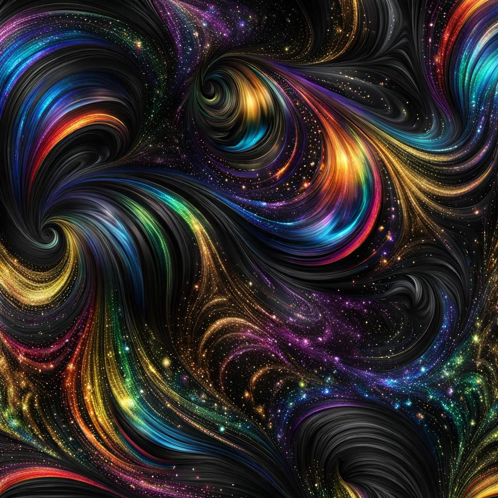 Rainbow Glitter Swirl on Black Metallic Background