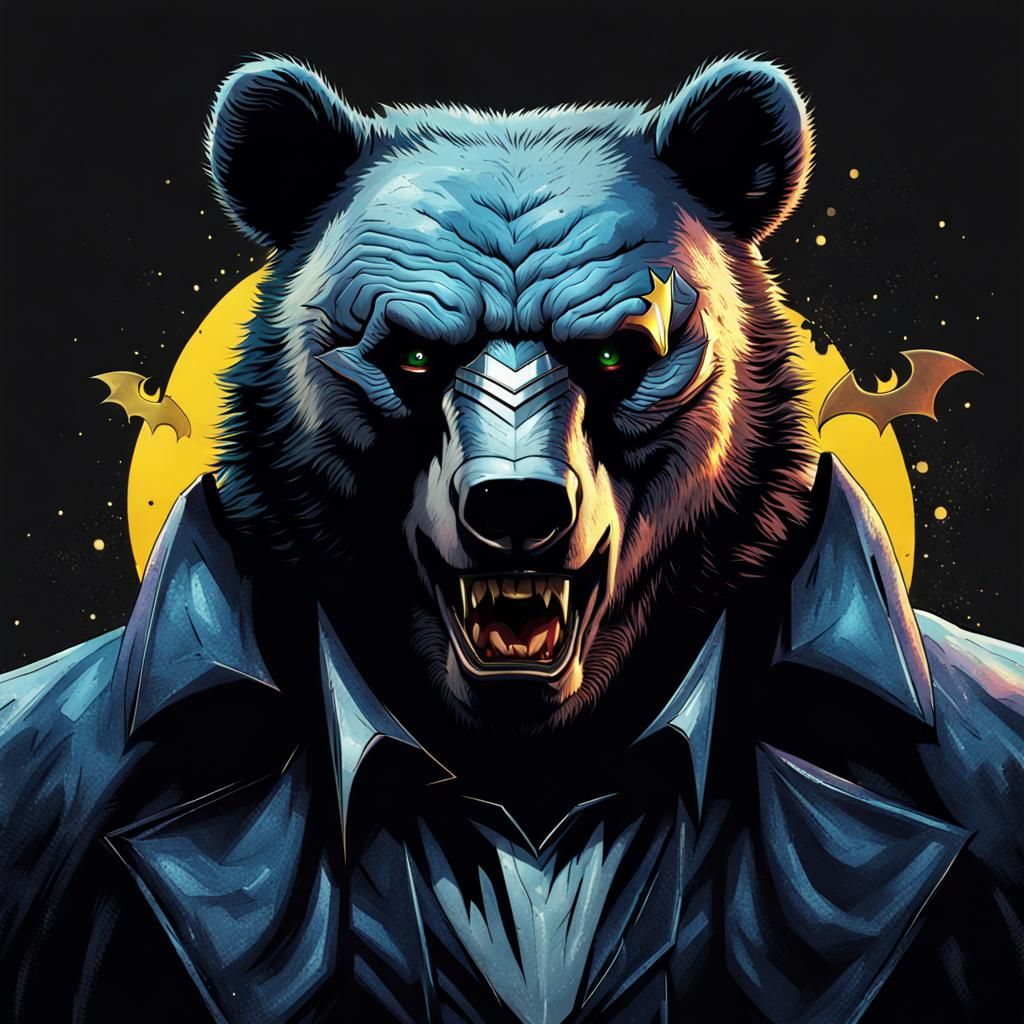 bear with batman joker face, 8k, realistic scifi art, surprise
