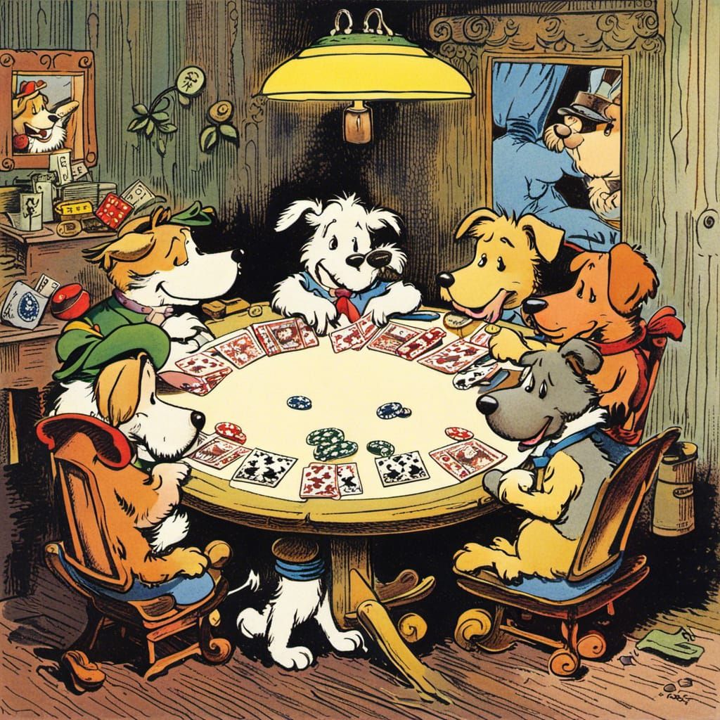 Dogs Playing Poker in Classic Cartoon Style
