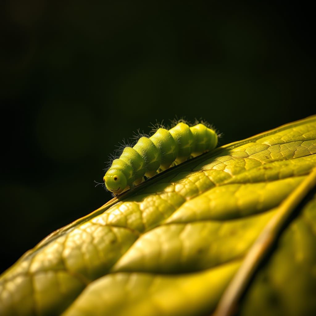 Vibrant Green Caterpillar Crawls on Wavy Leaf