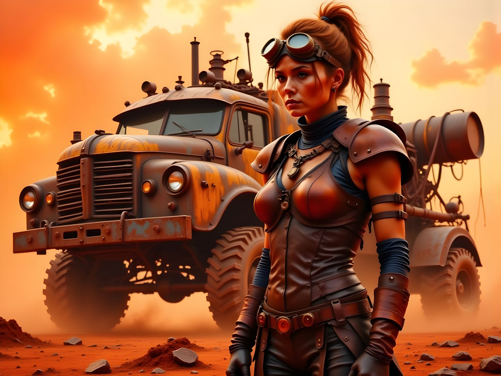 Steampunk Warrior Stands Resolute Against Crimson Sunset