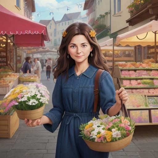 A beautiful woman selling flowers in the marketplace.