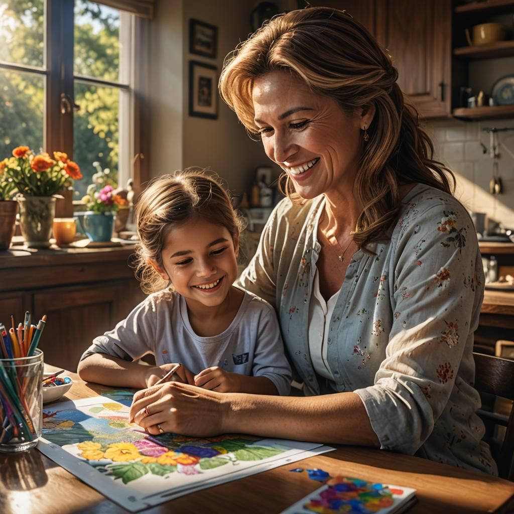 Mother and Daughter Coloring in Sunlight