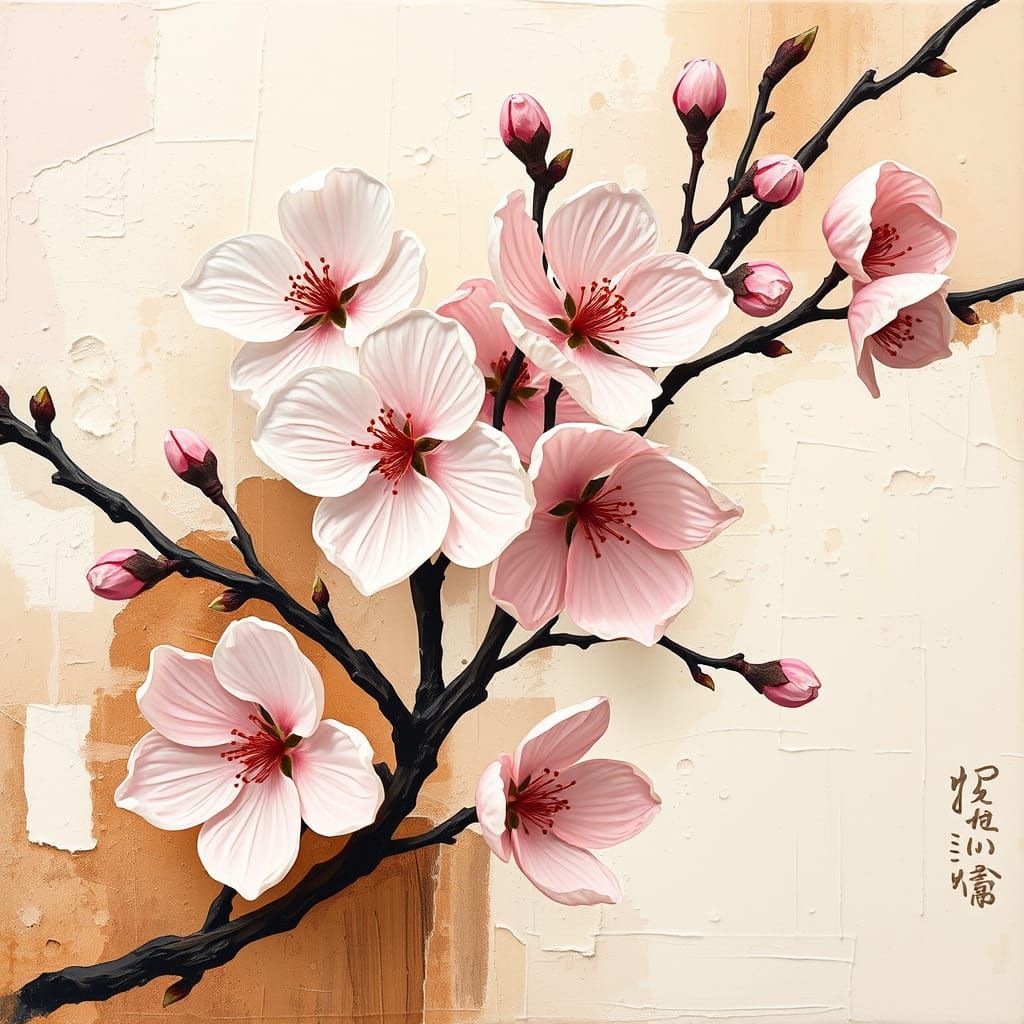 Cherry Blossoms in Mondrianesque Impasto Abstraction