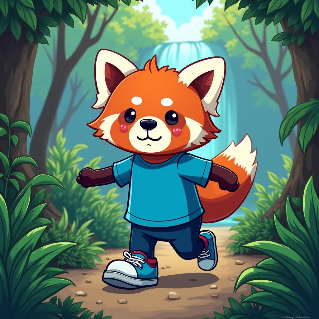 Cartoon Red Panda in Rainforest, Digital Illustration