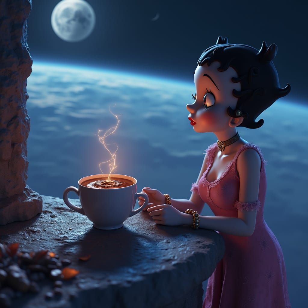 Betty Boop Enjoys Coffee at Lunar Void Edge