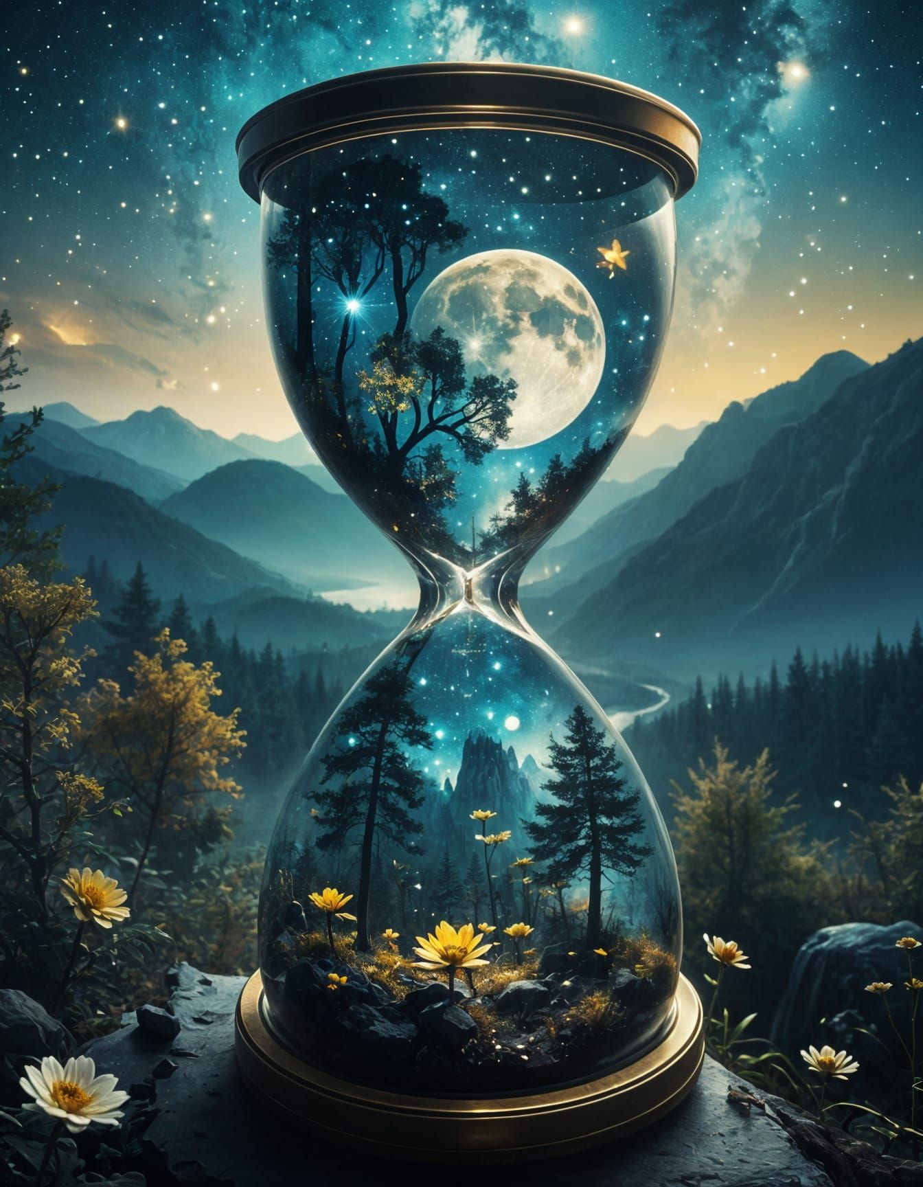 Galactic Double Exposure Hourglass with Starry Moon Forest