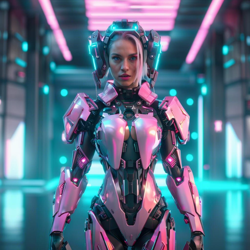 Cyberpunk Android Girl Hacking the Mainframe