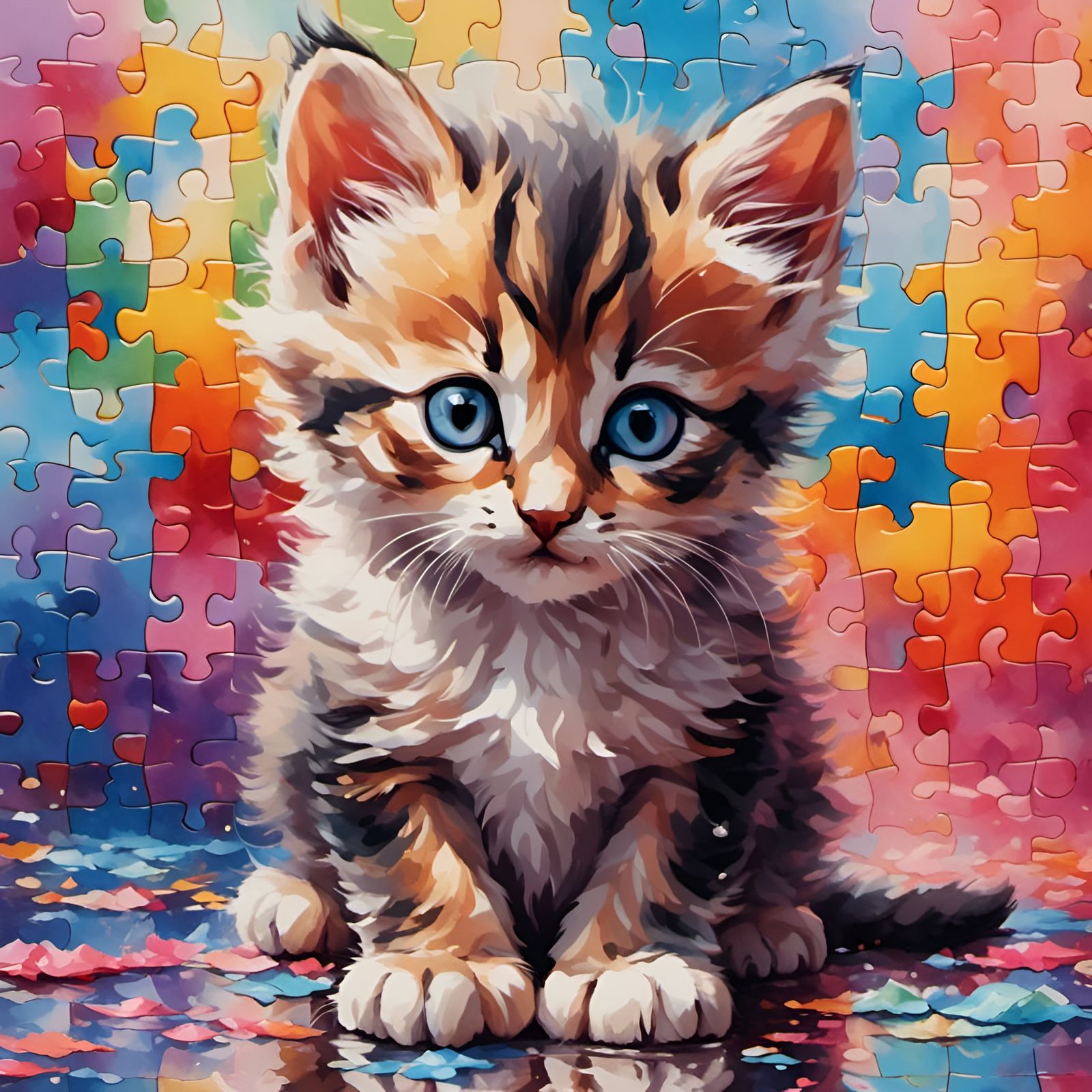 Charming Kitten Puzzle Portrait in Soft Pastel Style