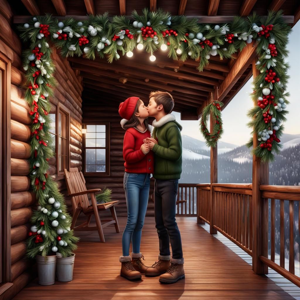 Romantic Cabin Kiss Under Mistletoe, Hyperrealistic 8K