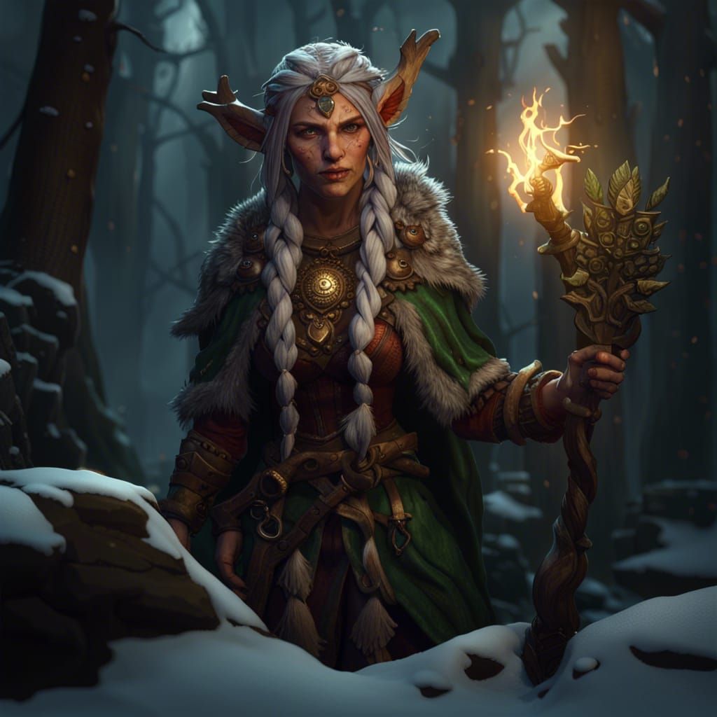 Female Firbolg Druid in Dark Fantasy Style