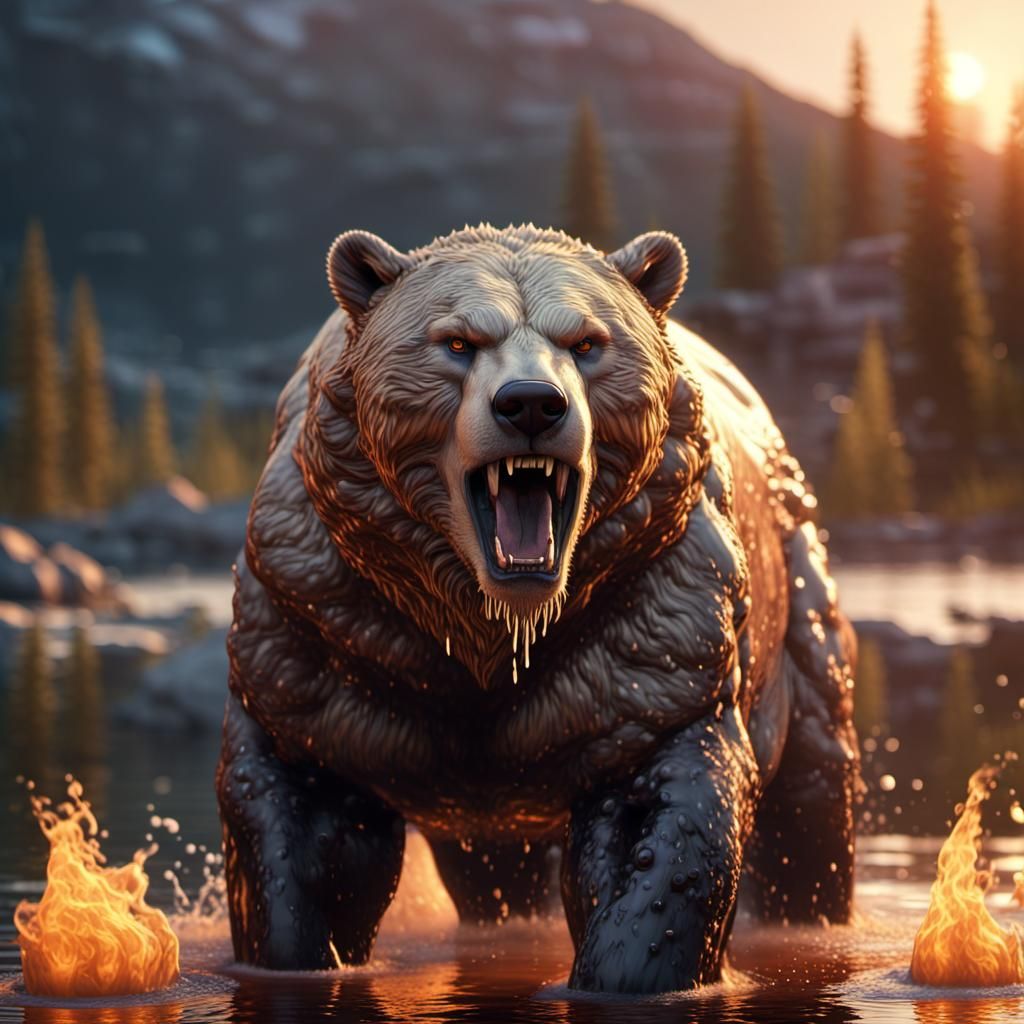 Photorealistic Water Bear with Fire Background