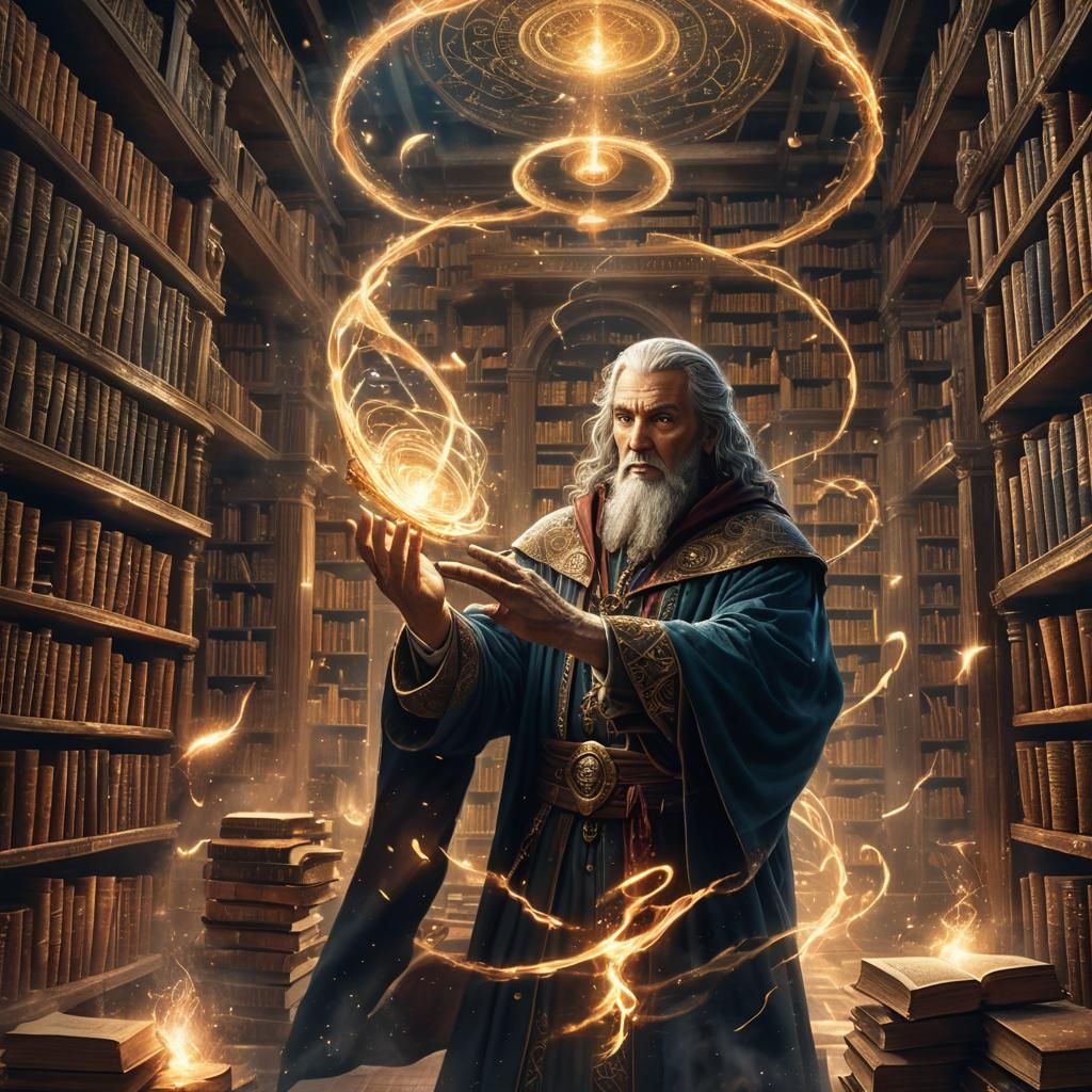 Mystical Sorcerer Casting Spell in Arcane Library
