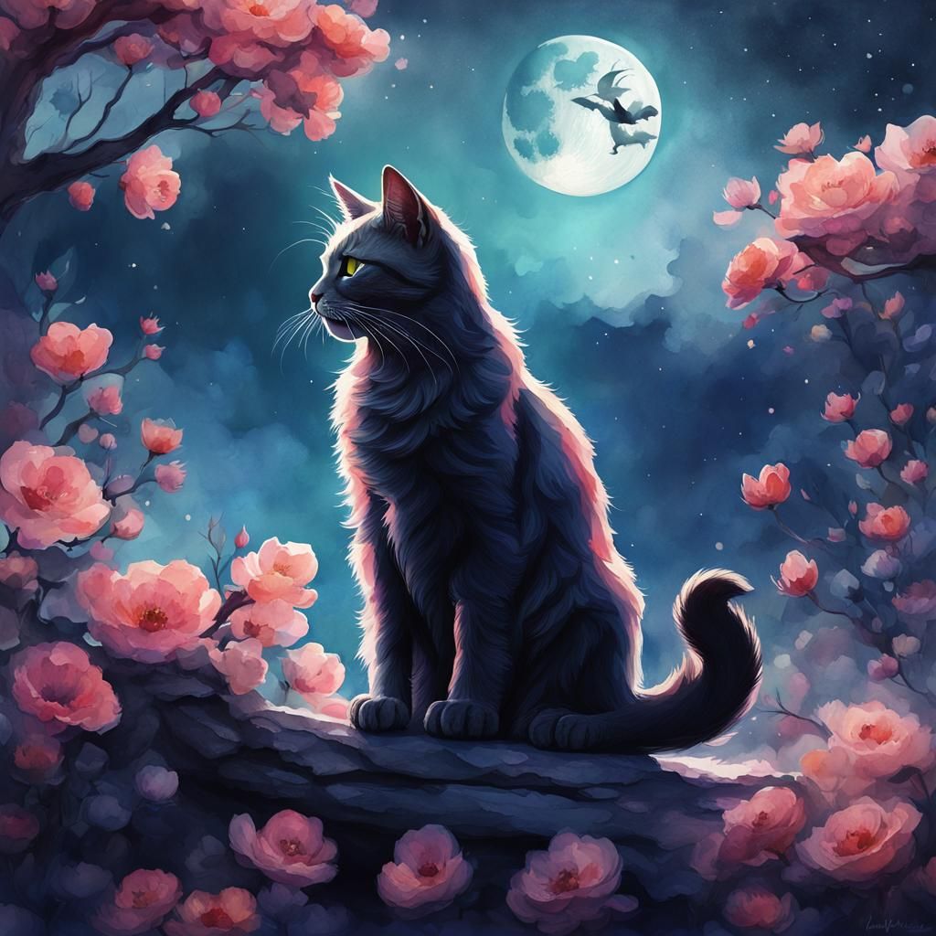 Watercolor Cat and Moon with Cherry Blossoms