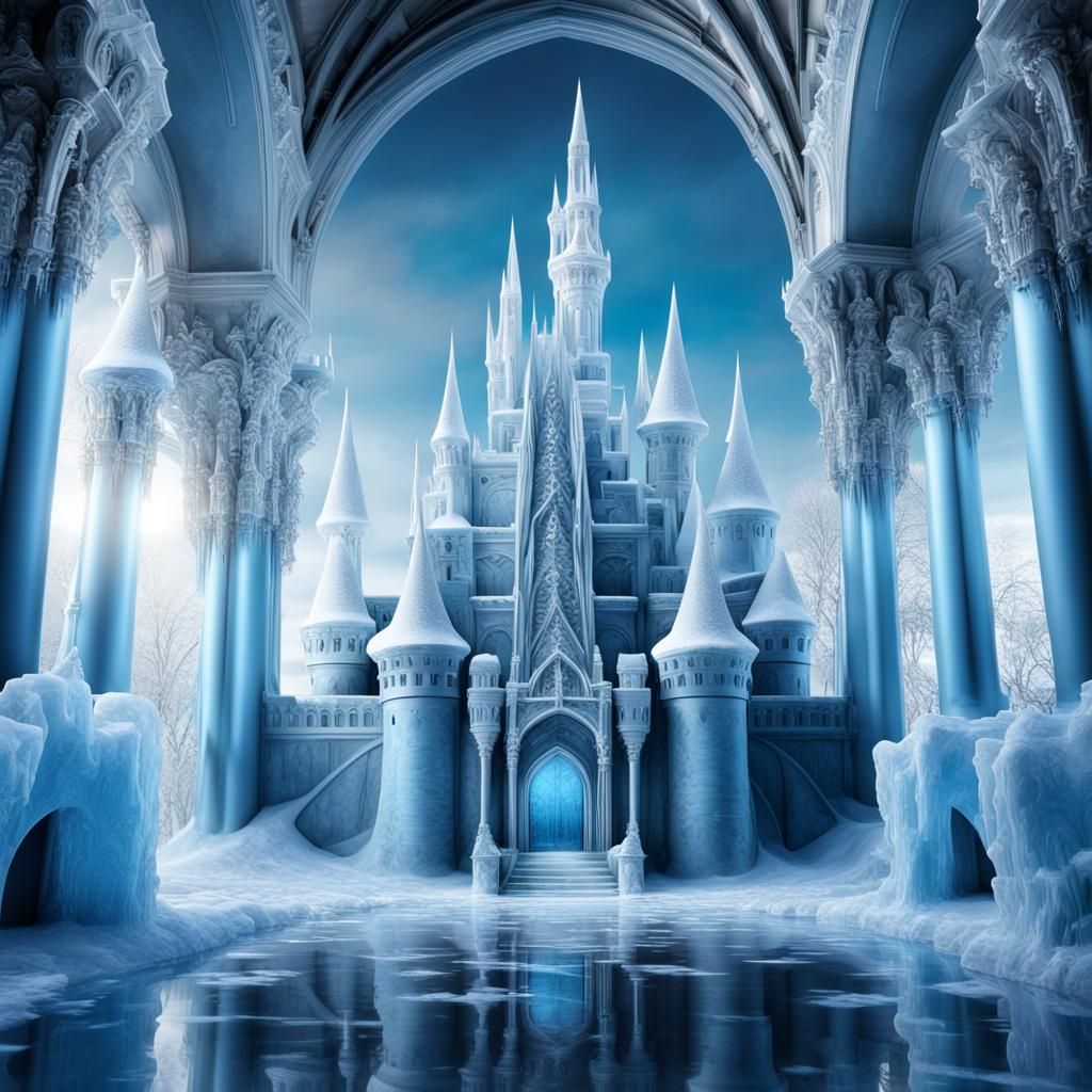 Blue Ice Castle: Ornate Photorealistic Sculpture