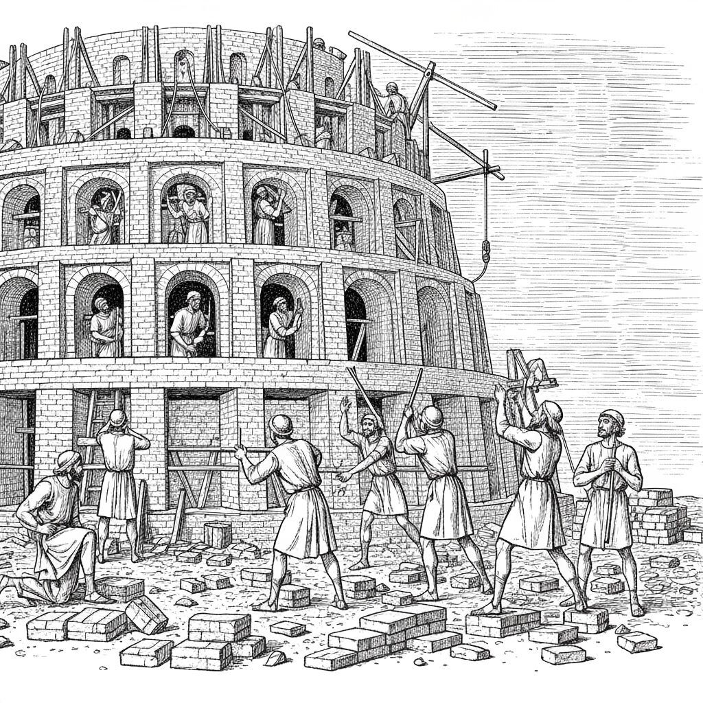 Tower of Babel Illustration in Woodcut Style