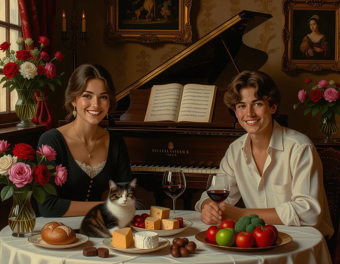 Woman, Cat, and Teens Enjoy Wine in a Classical Realism Loun...