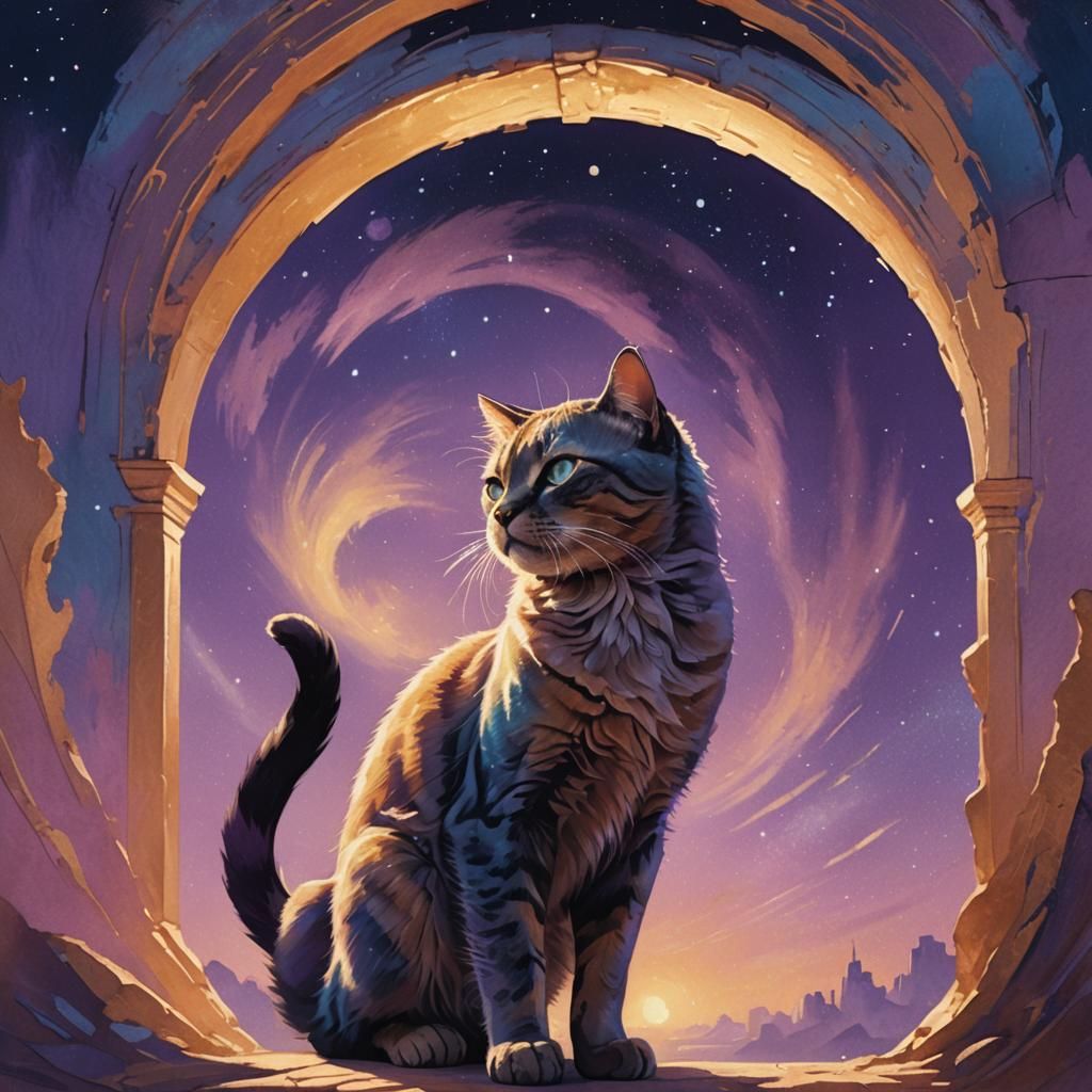 Stretching Cat Silhouette in Fantasy Art Style