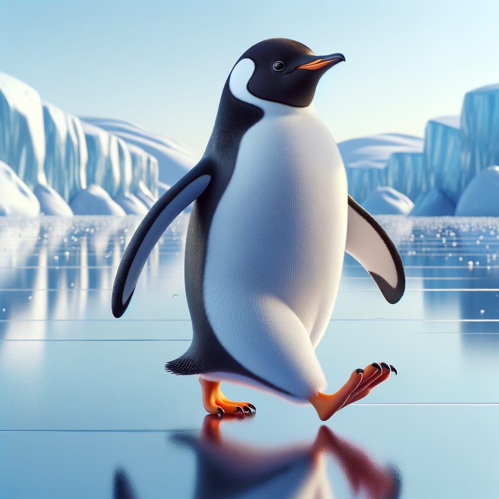 Confident Penguin Strides Across Endless Mirror Ice