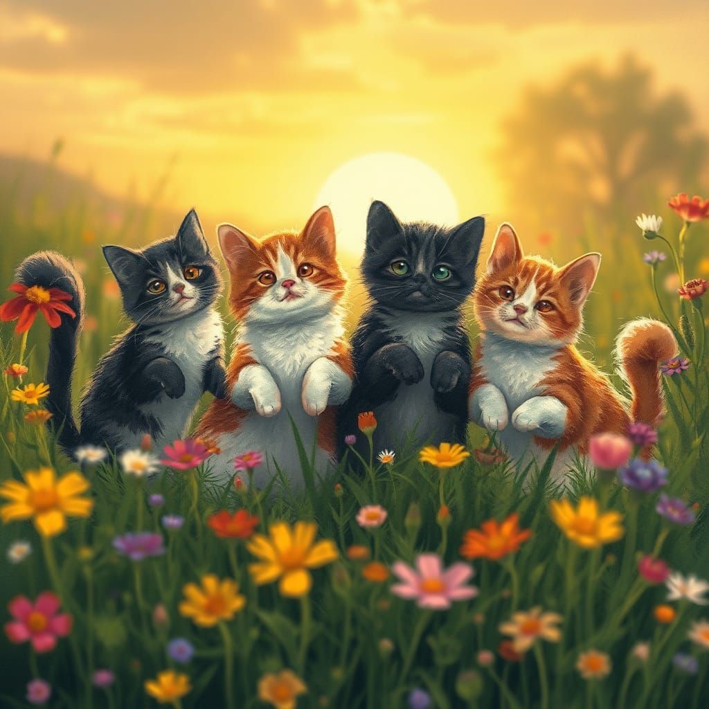 Magical Cats Frolic in Lush Meadow, Whimsical Illustration