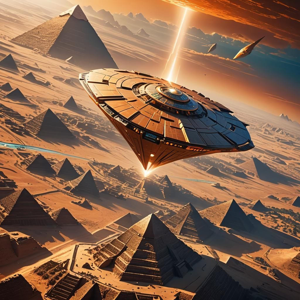 Futuristic Spaceship over Egyptian Pyramids: Digital Paintin...