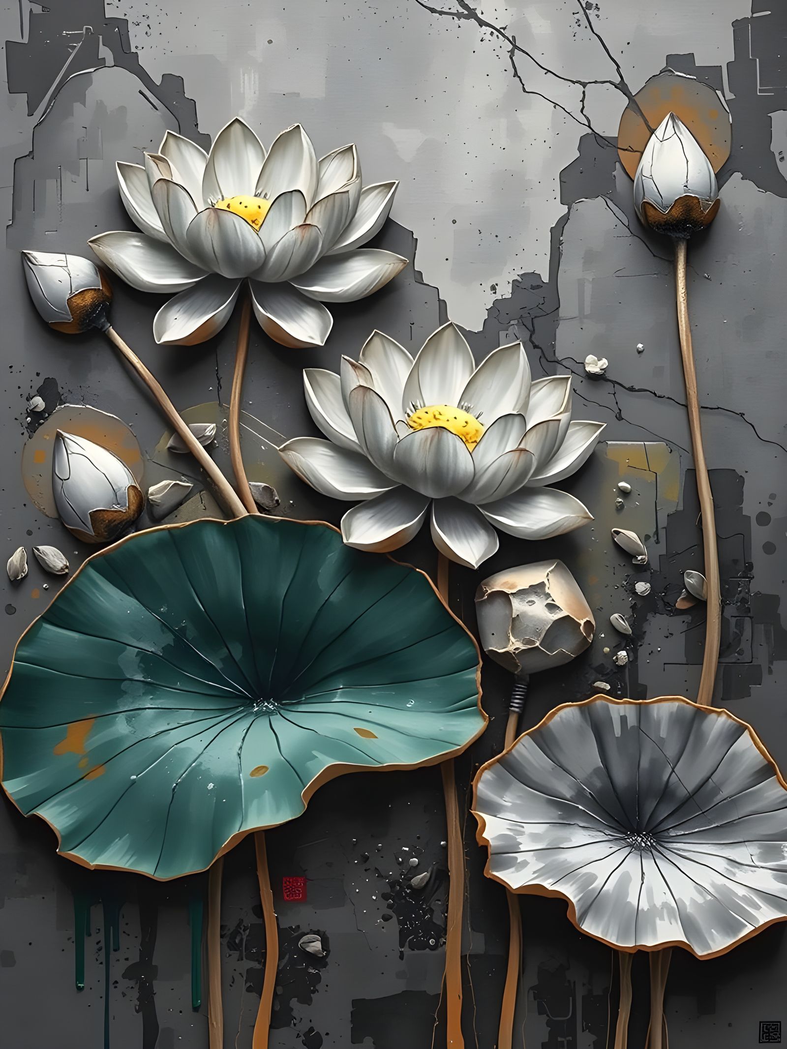 Ink Splatter Lotuses in Sumi-e Landscape