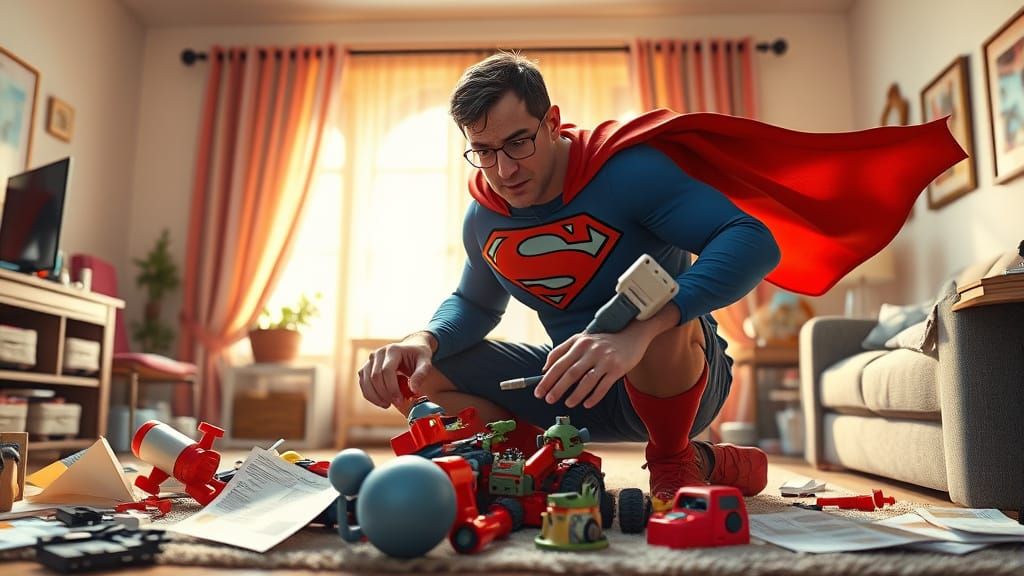 Superhero Dad's Toy Troubles: A Humorous 3D Render