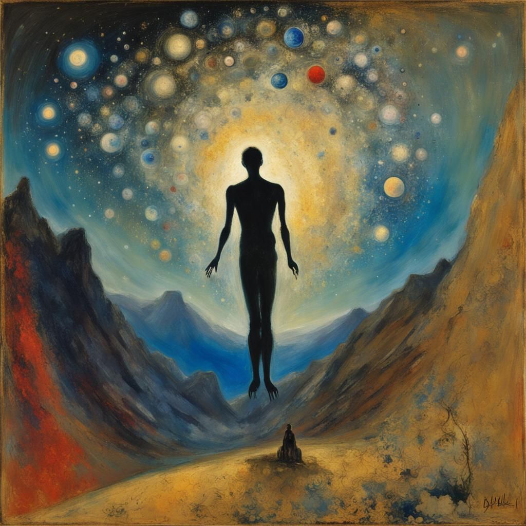 Cosmic Man Silhouette in Surrealist Style
