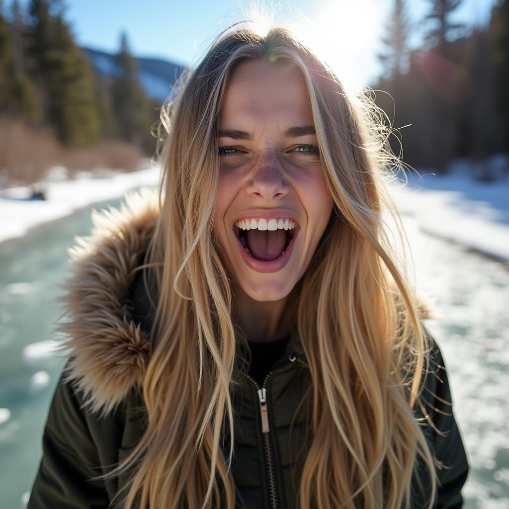 Dramatically Lit Portrait of a Happy Alabama Woman on a Froz...