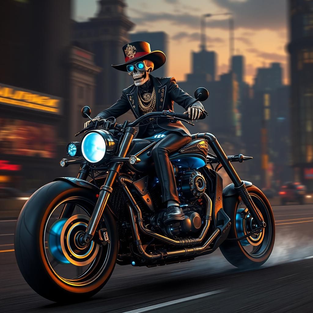 Gangster Skeleton Rides Motorcycle in Dark Cityscape