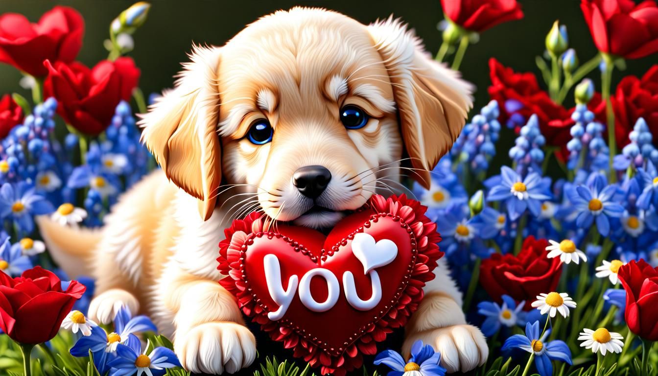 Cute Golden Retriever Puppy with Heart, 3D Render