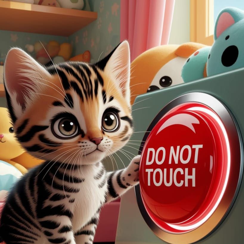 Whimsical Kitten Contemplates Mysterious Button