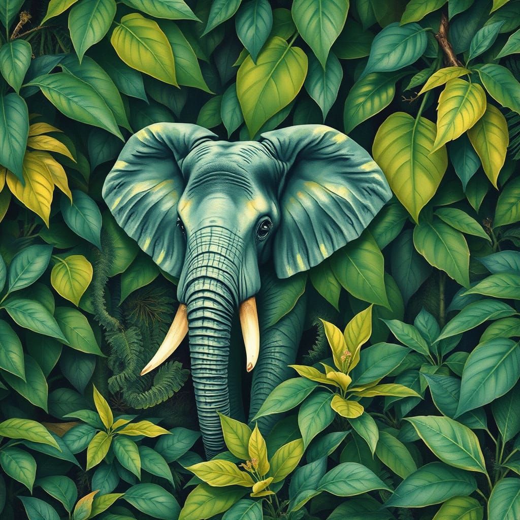 Leaf Elephant in Jungle, Impressionist Masterpiece