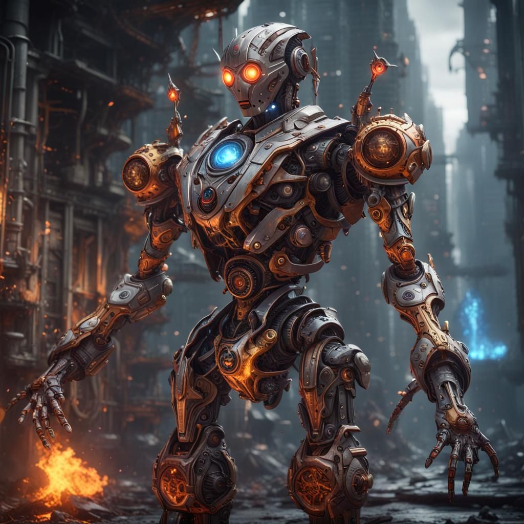 Detailed Robot Cyborg Metal Elemental Amalgamation