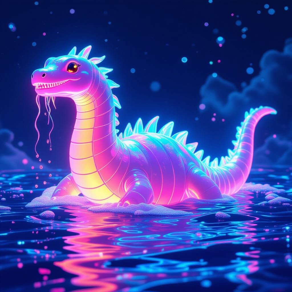 Gummy Plesiosaur Emerges from Neon Soda Ocean