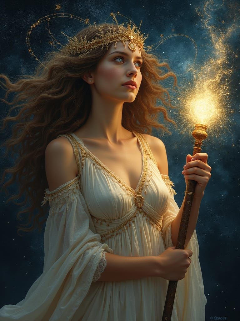 Regal Mythological Woman with Starlight Hair in Cosmic Void