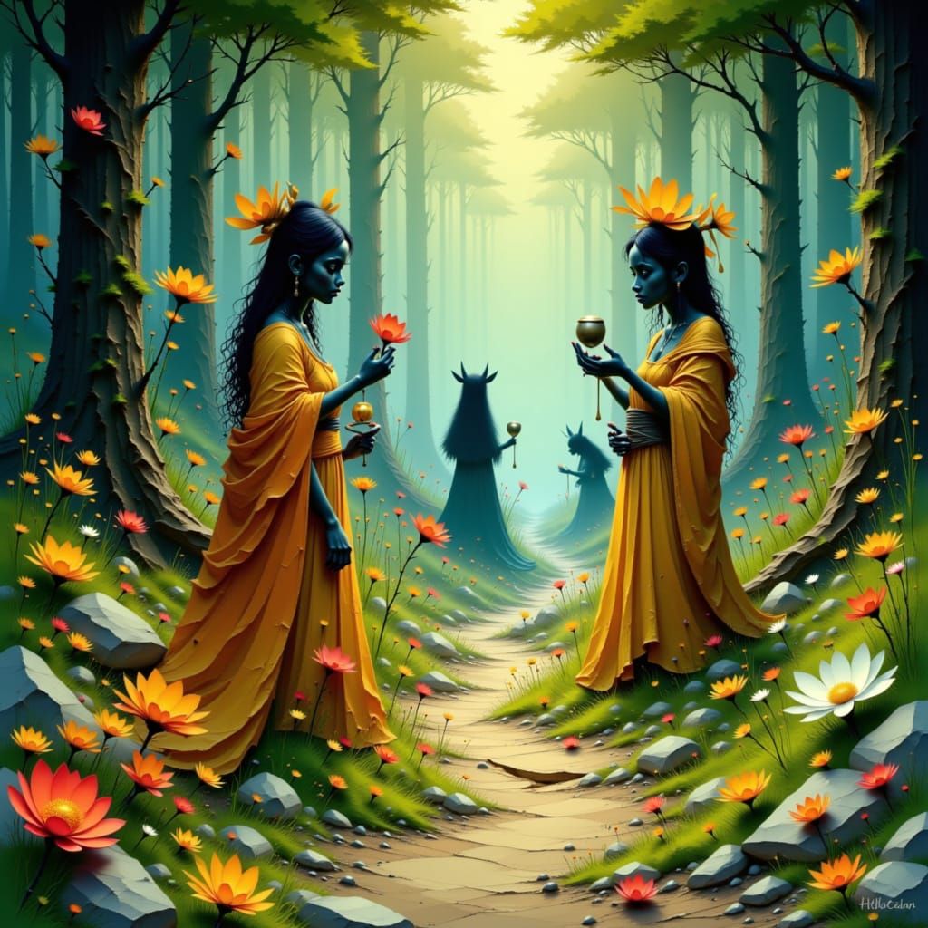 Mythical Norns Weaving Fate in Mystical Forest