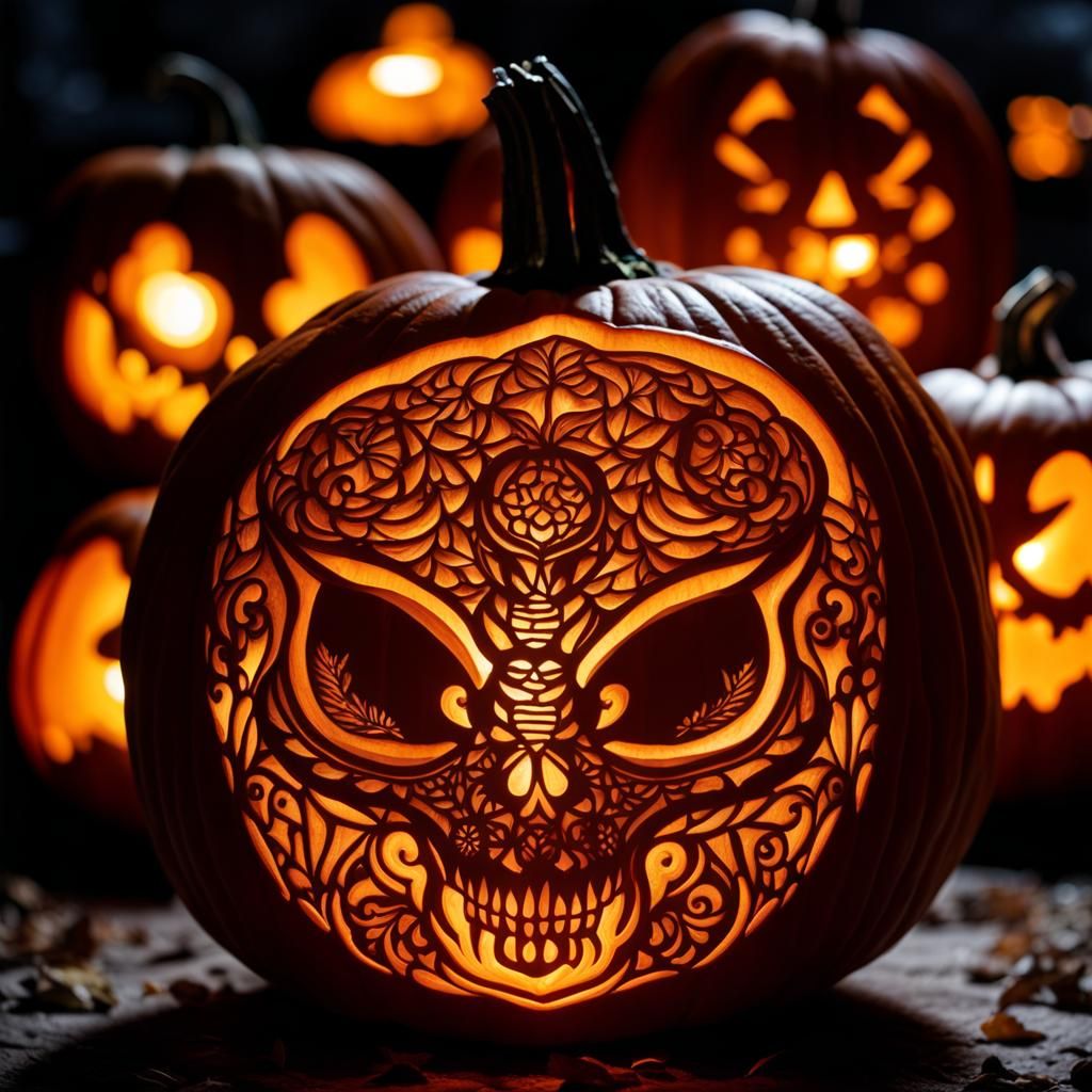 Intricate Pumpkin Carving at Night, Professional Photography