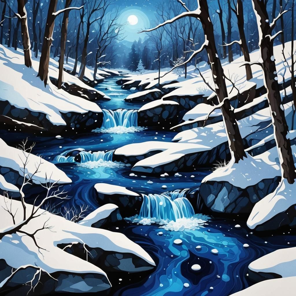 Icey Winter Wonderland River in Vibrant Blue Hues, Cyberpunk...