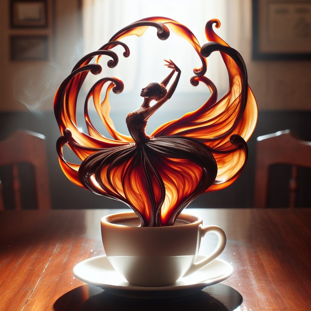 Coffee Ballerina Emerges from Cup in Surreal Dance