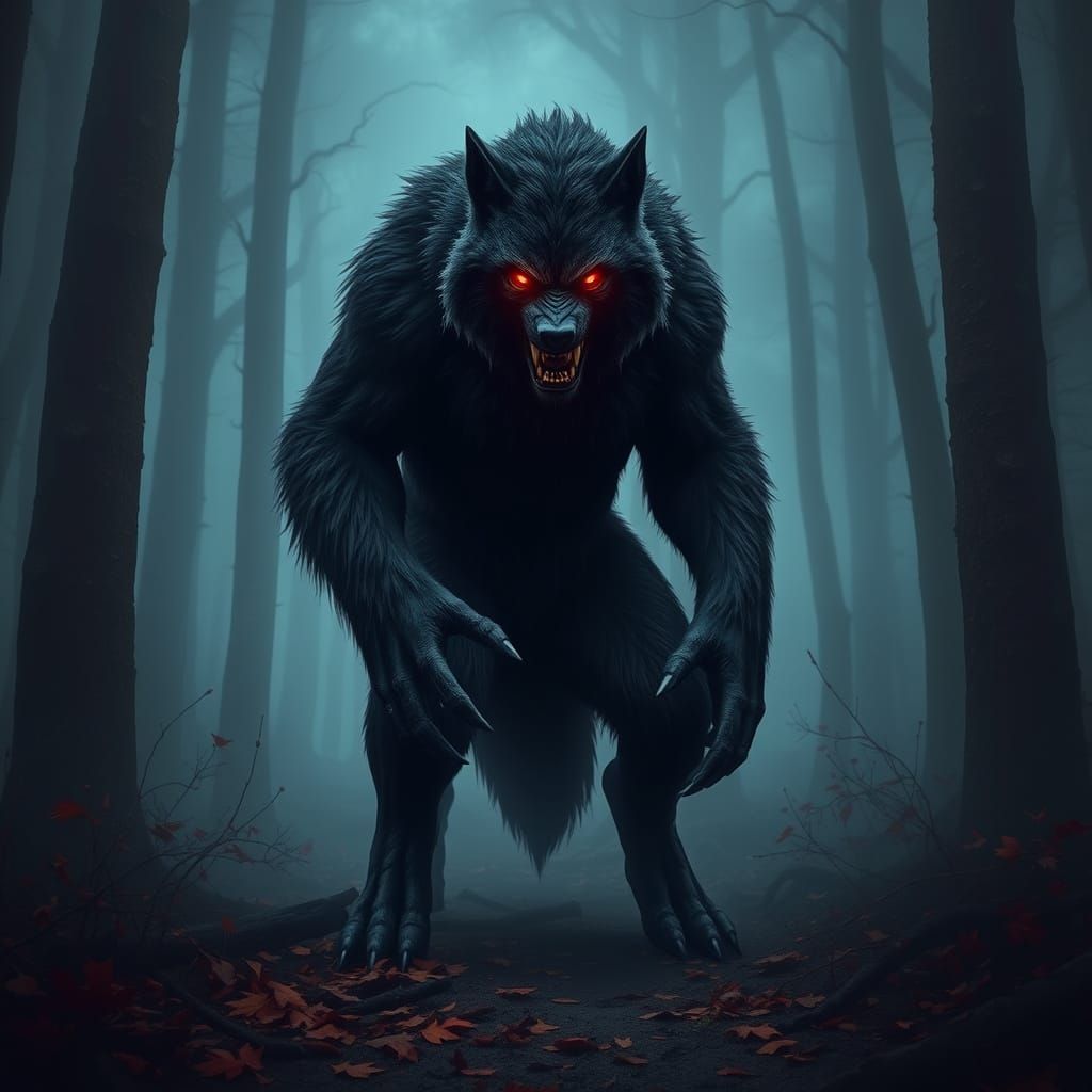 Mysterious Werewolf Emerges from Foggy Forest in Dark, Prima...