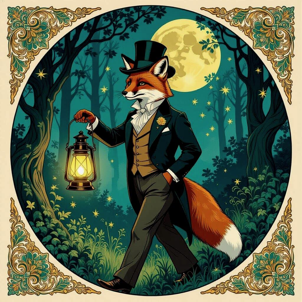 Art Nouveau Fox With Lantern in Moonlit Forest