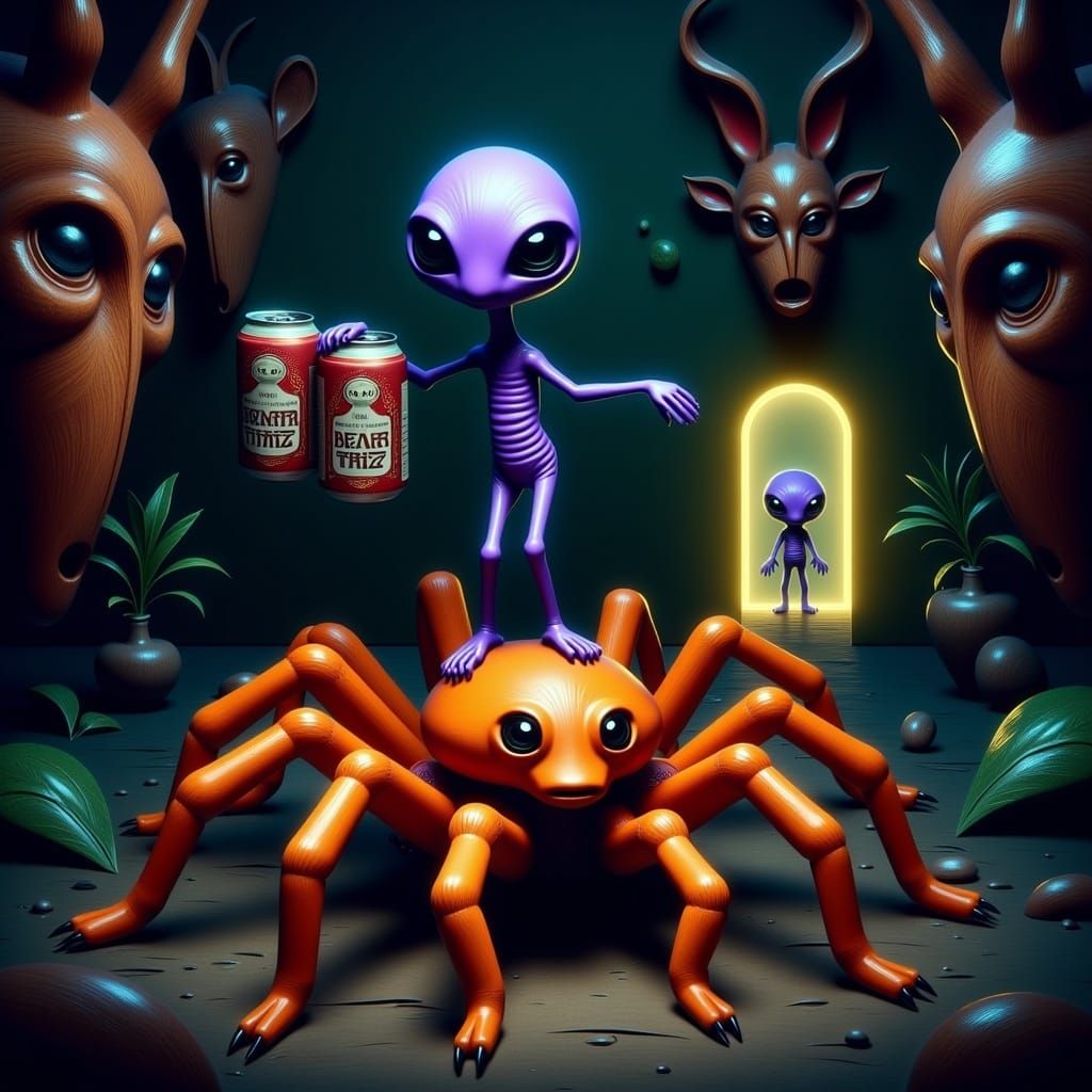 Victorious Alien With Beer in Surreal Chamber