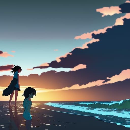 Anime Beach Scene by Studio Ghibli and Shinkai