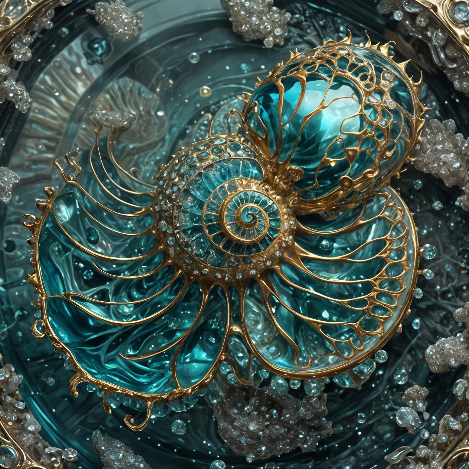Cuttlefish in Crystal Nautilus with Gold Design