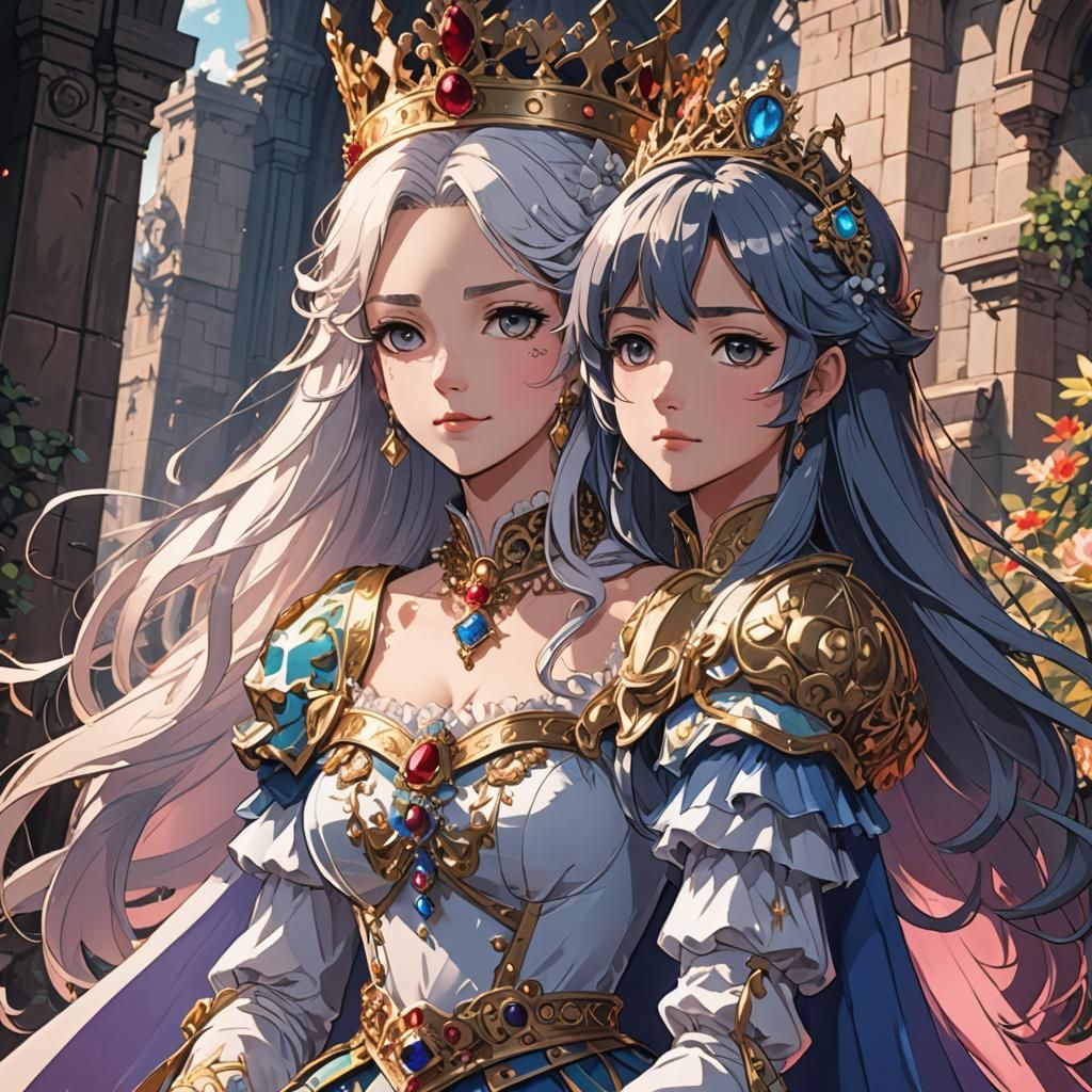 Anime Queen and Princess in Cel-Shaded Style